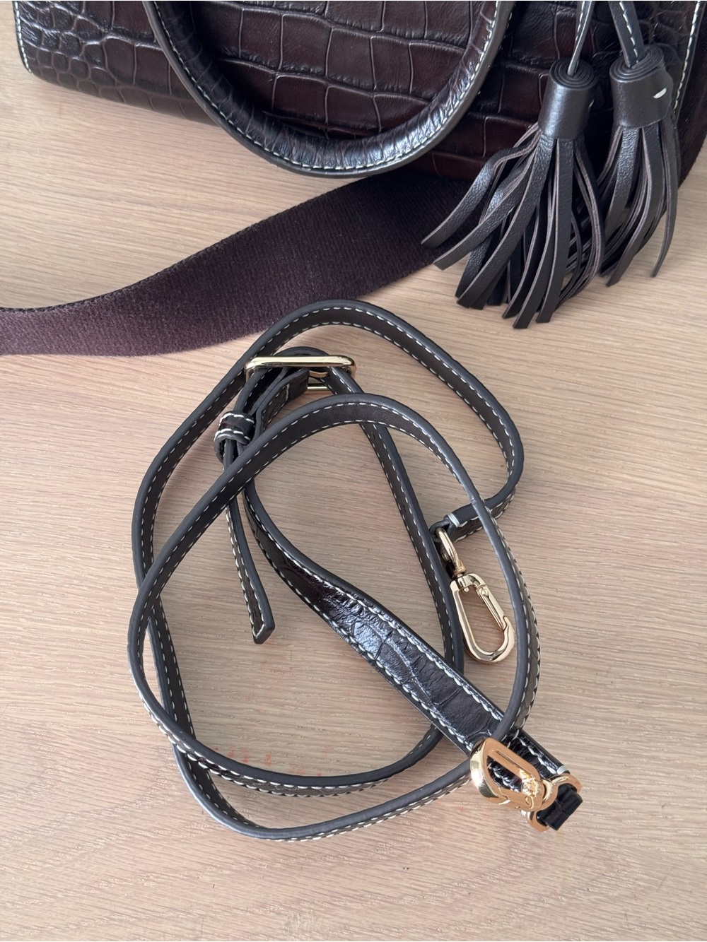 Tory Burch Dark Mahogany Thea Crocodile Embossed Web Small Satchel - Picture 9 of 12